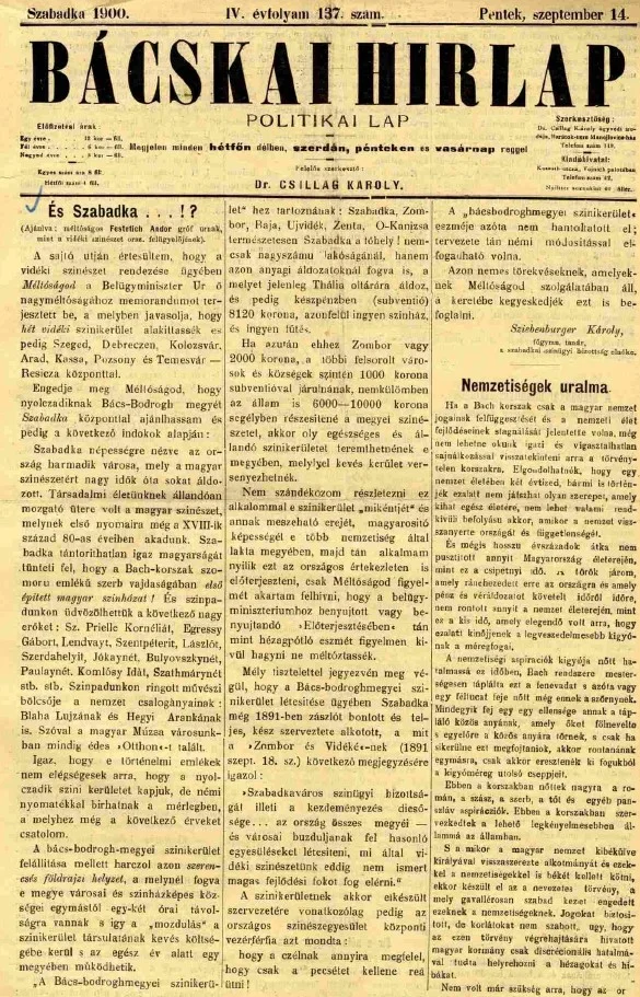 Bácskai Hirlap, 4. évf. 1900. szeptember 14. 137. sz.