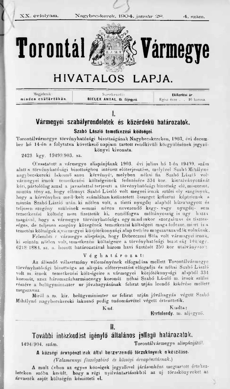 Torontál Vármegye Hivatalos Lapja, 20. évf. 1904. január 28. 4. sz.