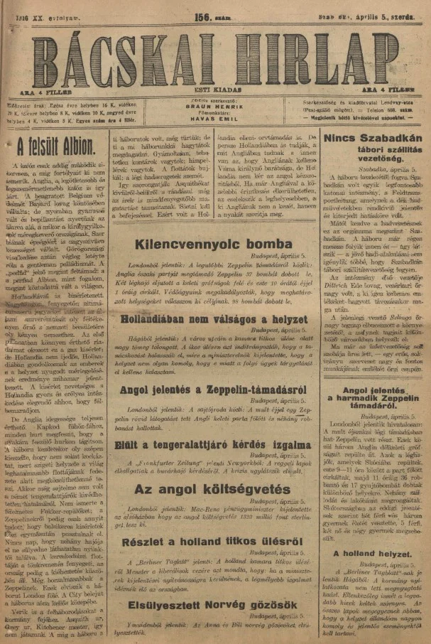 Bácskai Hirlap, 20. évf. 1916. április 5. 156. sz.
