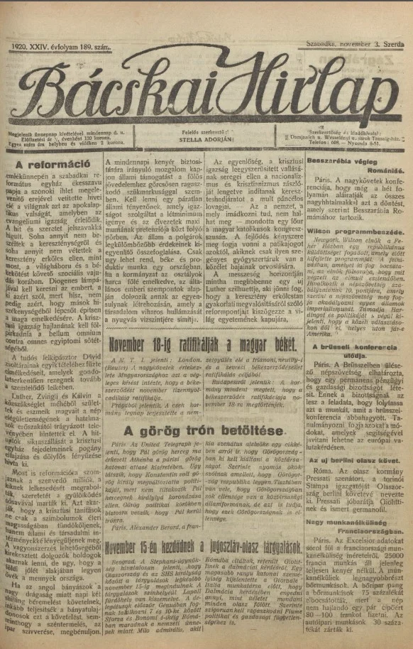 Bácskai Hirlap, 24. évf. 1920. november 3. 189. sz.