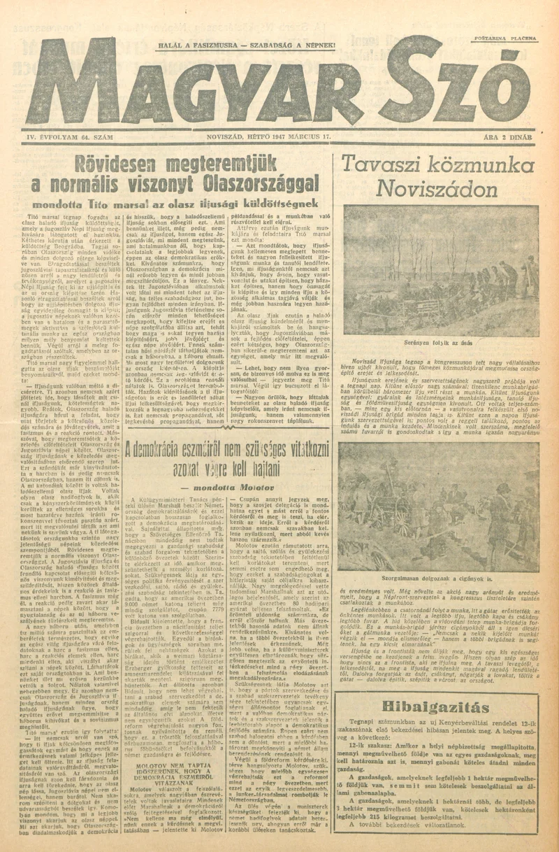 Magyar Szó, 4. évf. 1947. március 17. 64. sz. 1–4. oldal