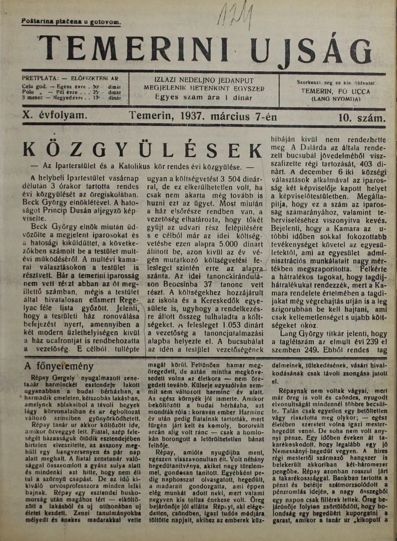 Temerini Újság 1928-1944, 10. évf. 1937. március 7. 10. sz.