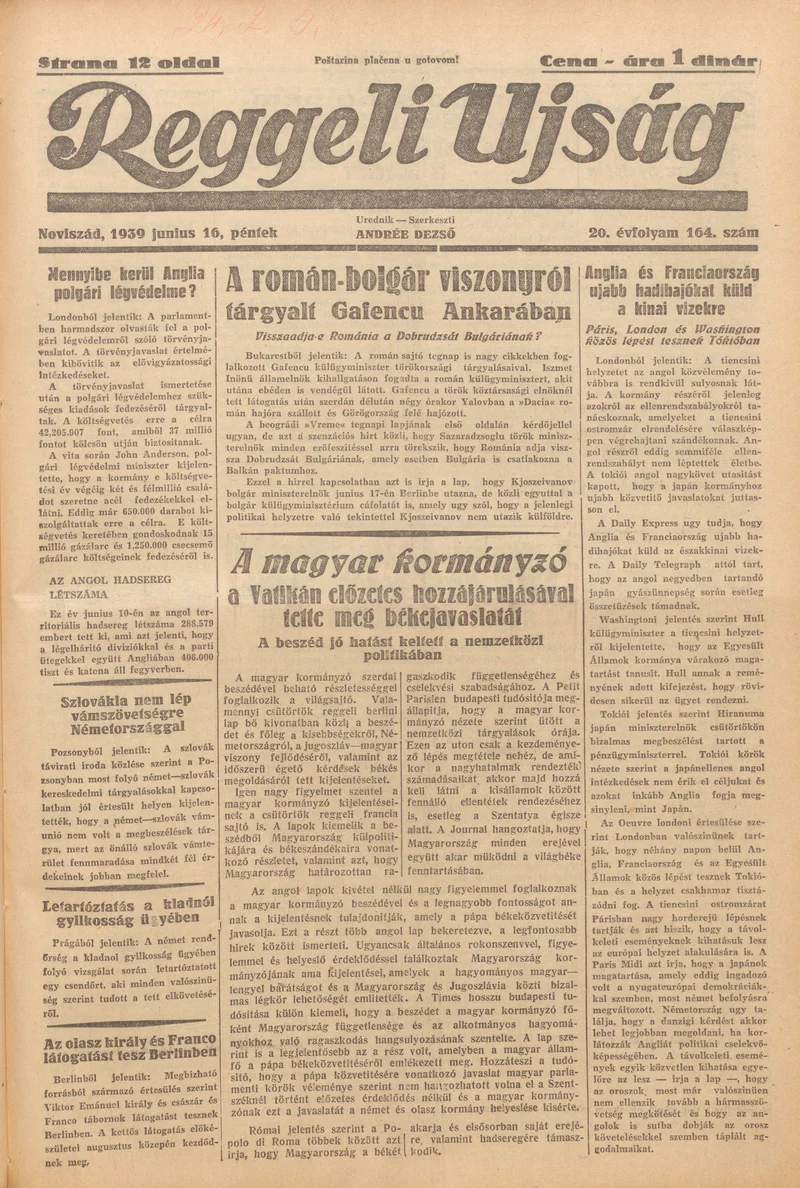 Reggeli Újság, 20. évf. 1939. június 16. 164. sz.
