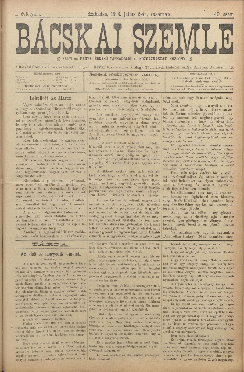 Bácskai Szemle, 1. évf. 1893. július 2. 40. sz.