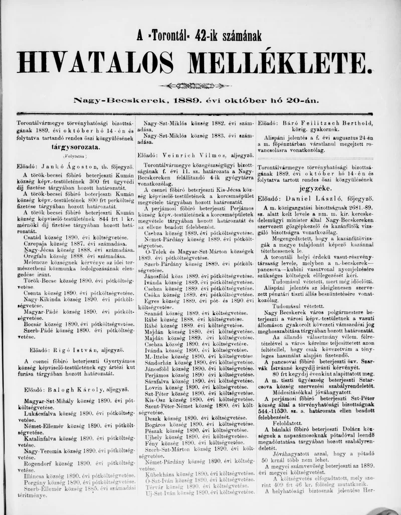 A Totontál  hivatalos melléklete, 2. évf. 1889. október 20. 42. sz.
