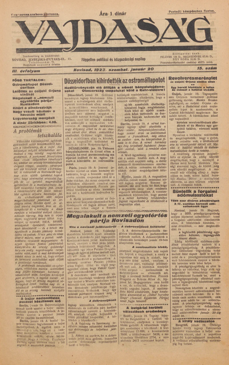 Vajdaság, 3. évf. 1923. január 20. 15. sz.