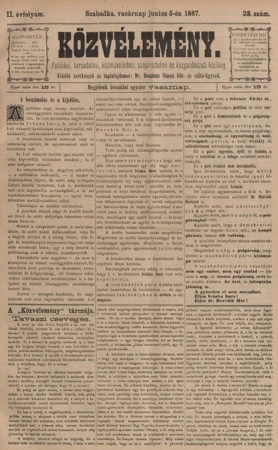 Közvélemény, 2. évf. 1887. június 5. 23. sz.