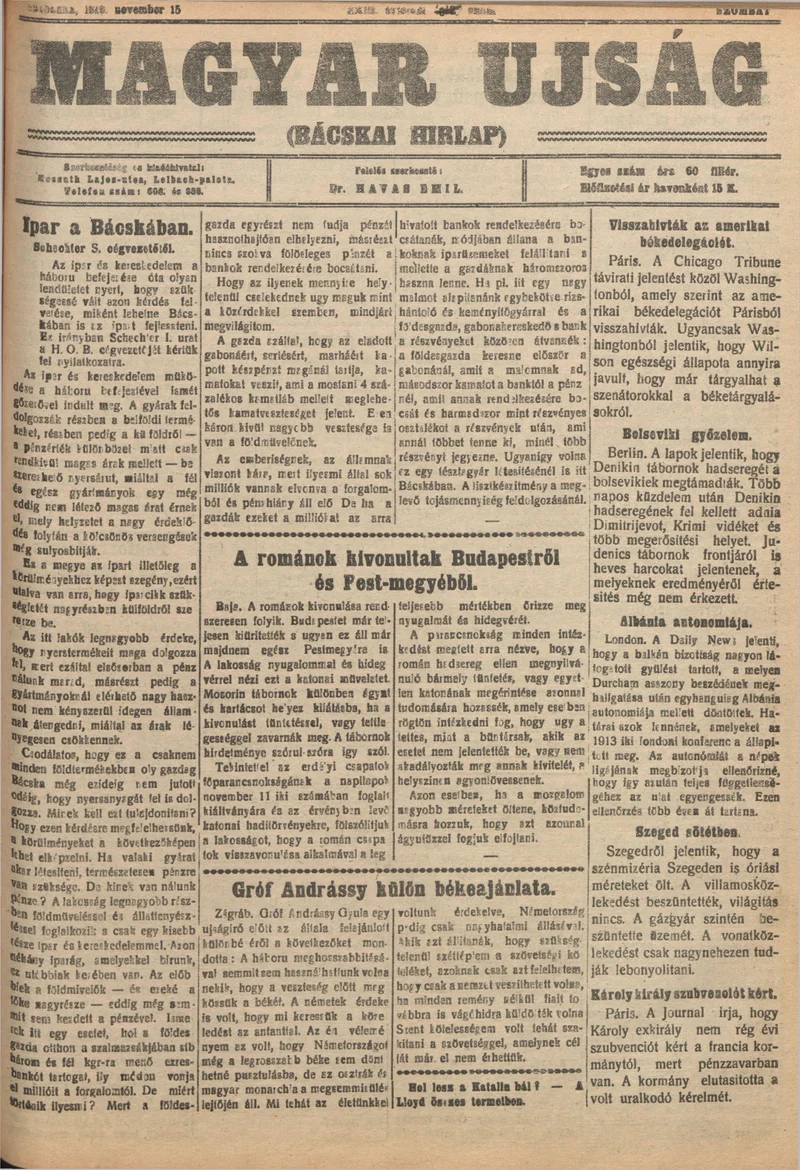 Bácskai Hirlap, 23. évf. 1919. november 15. 129. sz.