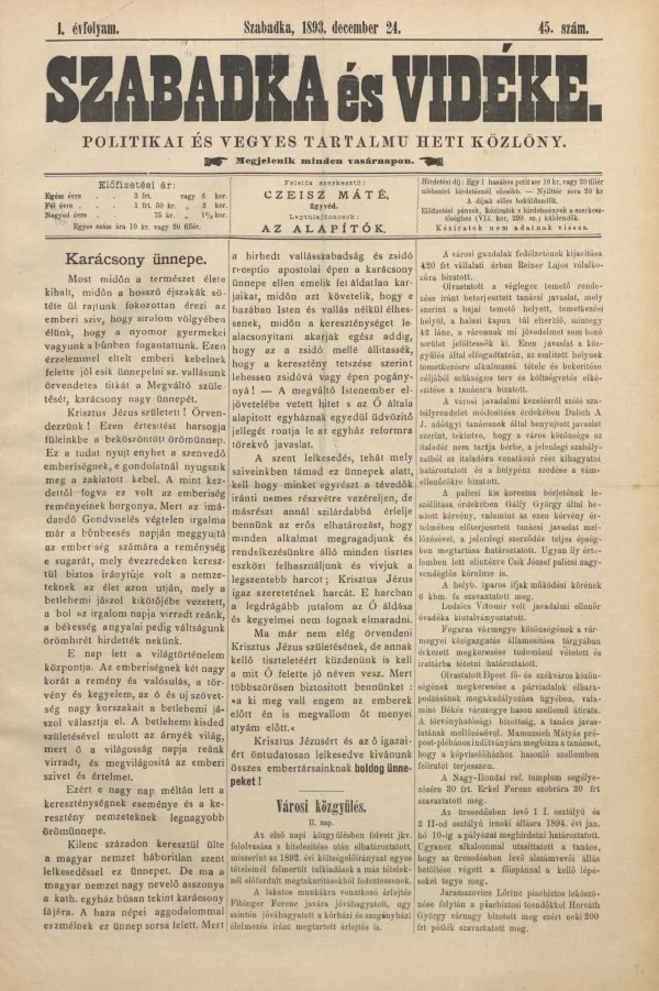 Szabadka és vidéke II, 1. évf. 1893. december 24. 45. sz.