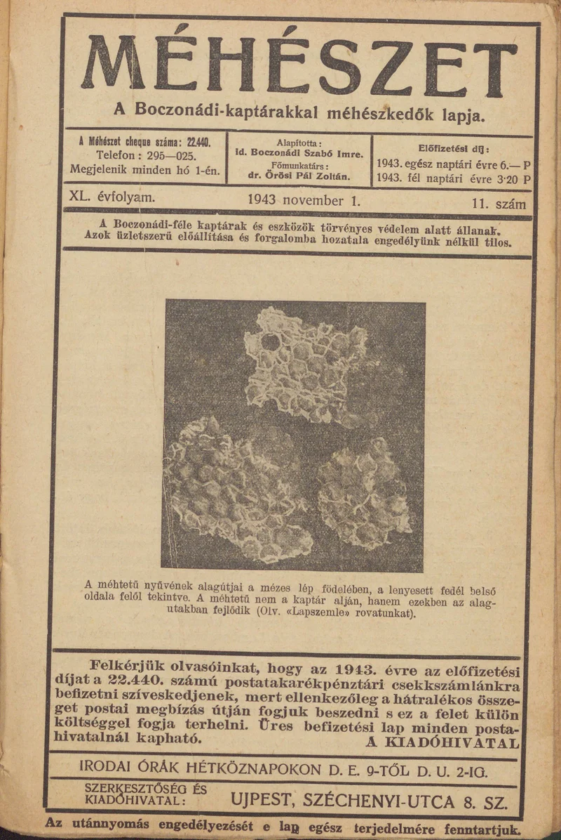 Méhészet, 40. évf. 1943. november 1. 11. sz.