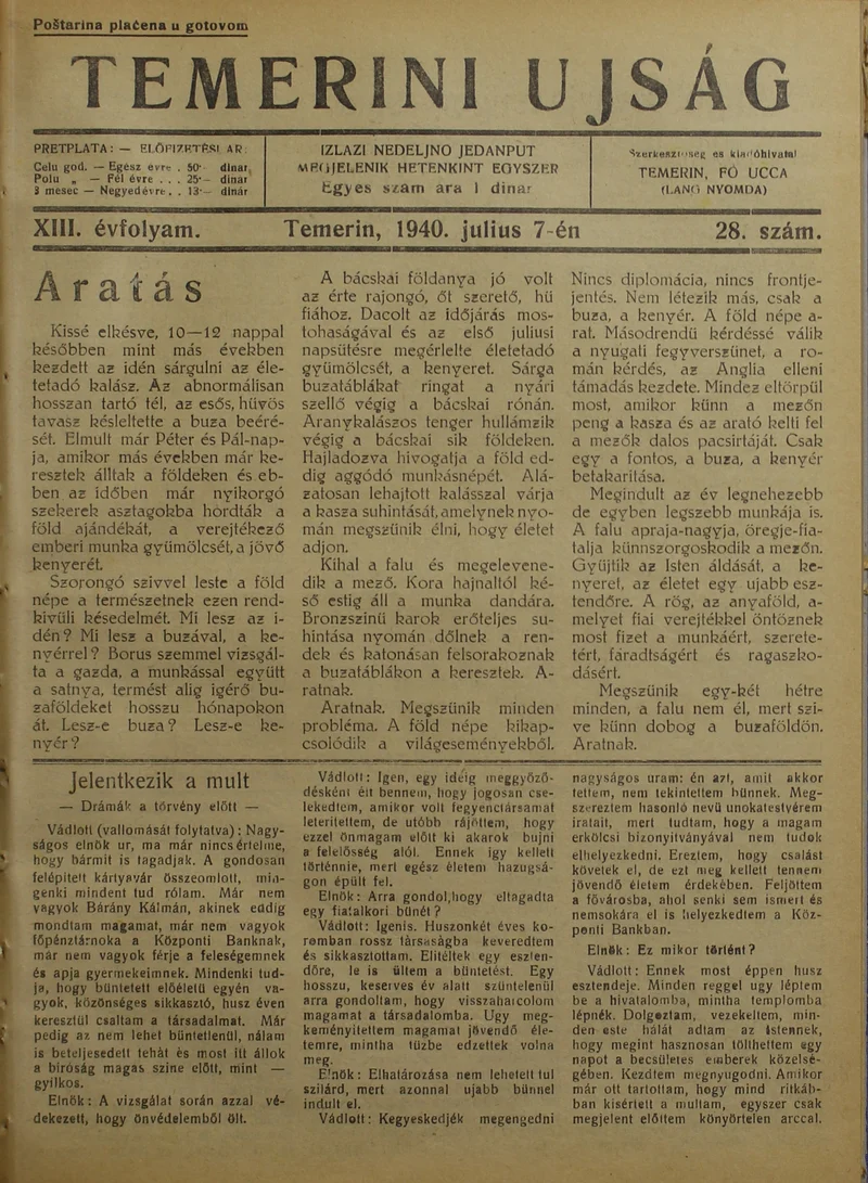 Temerini Újság 1928-1944, 13. évf. 1940. július 7. 28. sz.