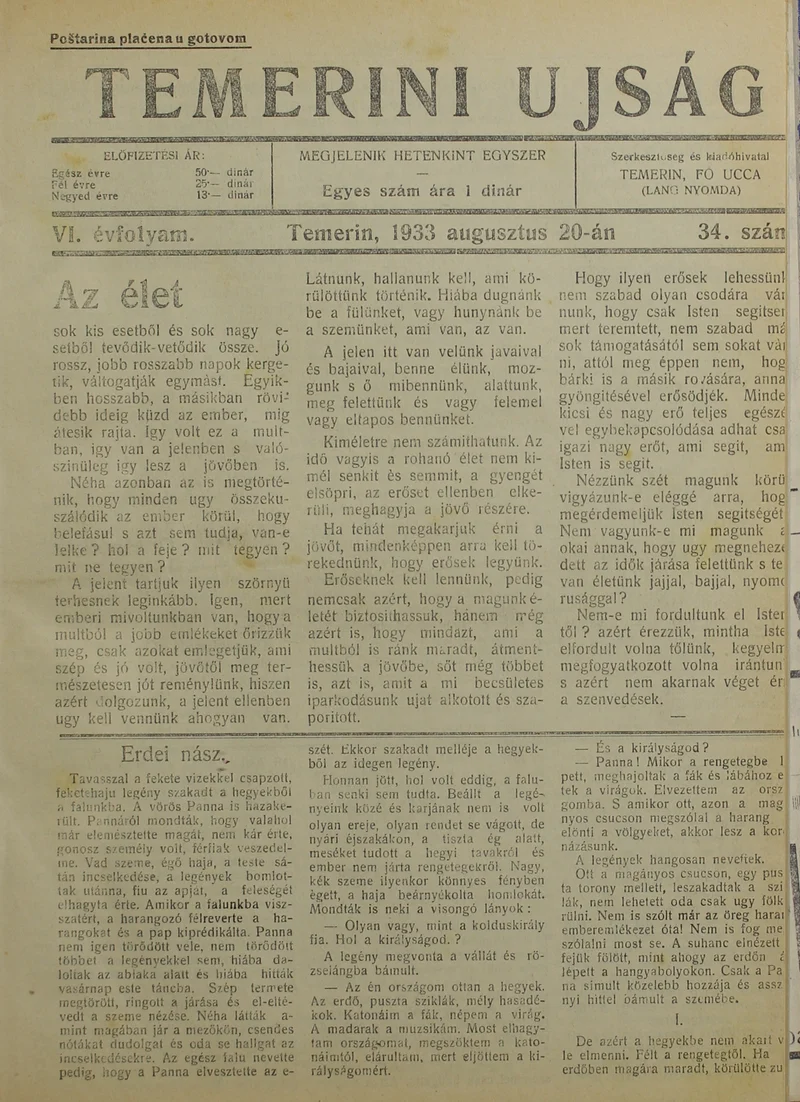 Temerini Újság 1928-1944, 6. évf. 1933. augusztus 20. 34. sz.