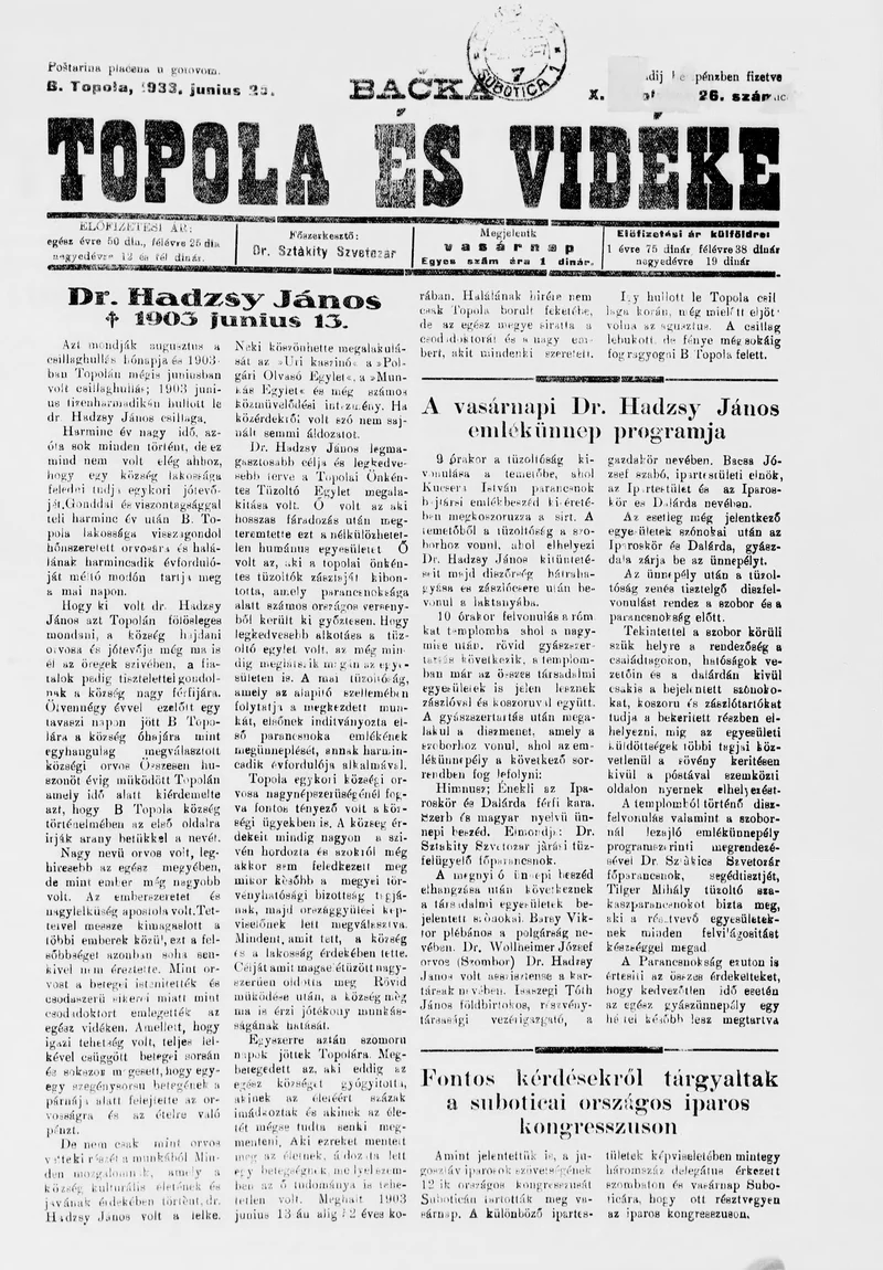 Bačka Topola és Vidéke, 10. évf. 1933. június 25. 26. sz.