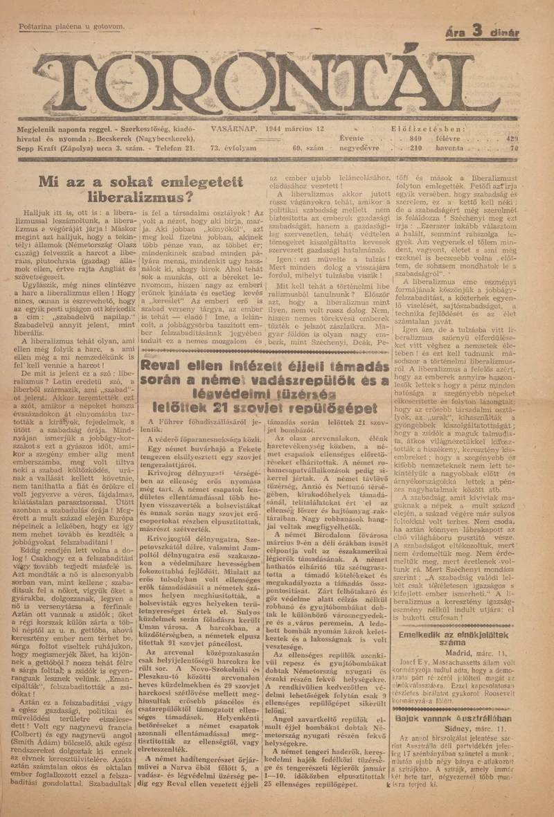 Torontál, 73. évf. 1944. március 12. 60. sz.