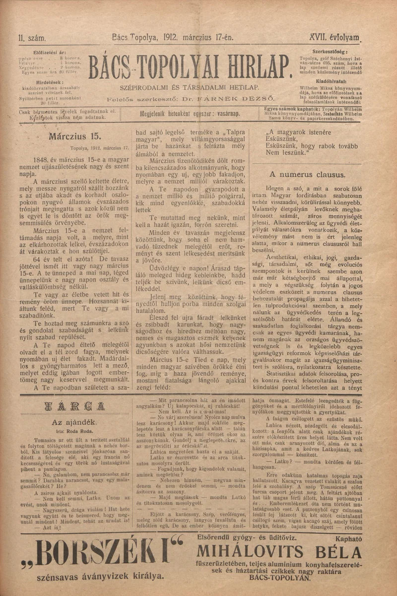 Bács-Topolyai Hirlap, 17. évf. 1912. március 17. 11. sz.