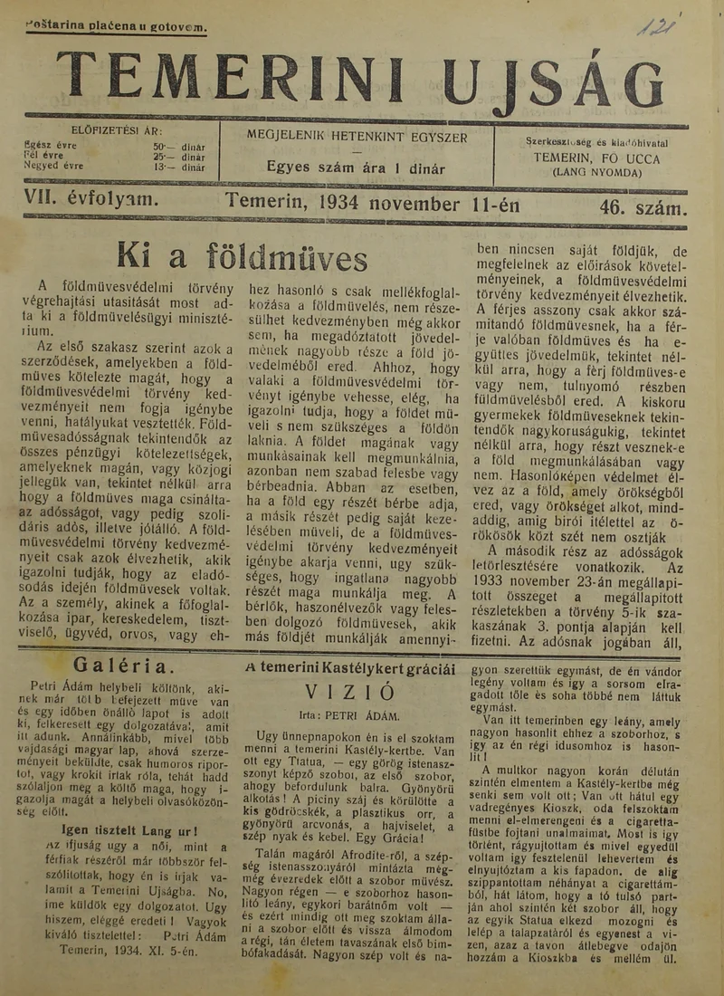 Temerini Újság 1928-1944, 7. évf. 1934. november 11. 46. sz.