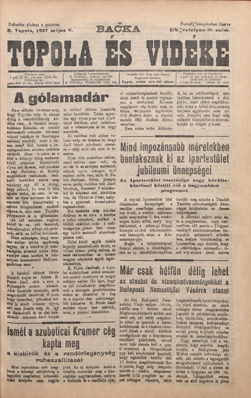 Bačka Topola és Vidéke, 14. évf. 1937. május 9. 19. sz.