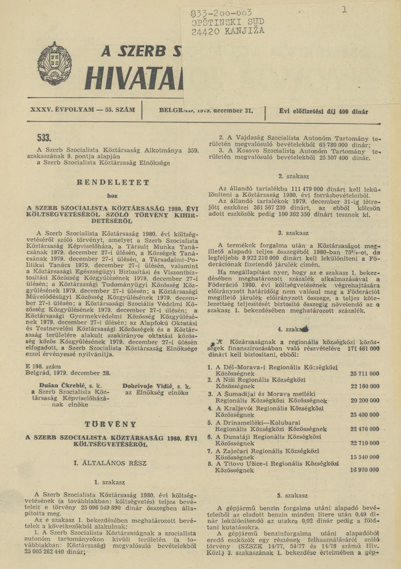A Szerb Szocialista Köztársaság Hivatalos Közlönye, 35. évf. 1979. december 31. 55. sz. 2145–2196. oldal