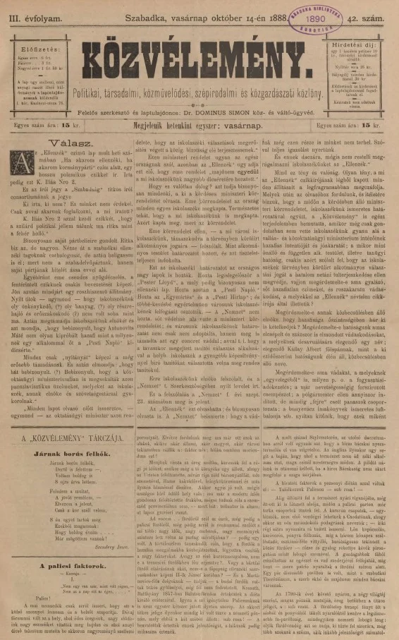 Közvélemény, 3. évf. 1888. október 14. 42. sz.
