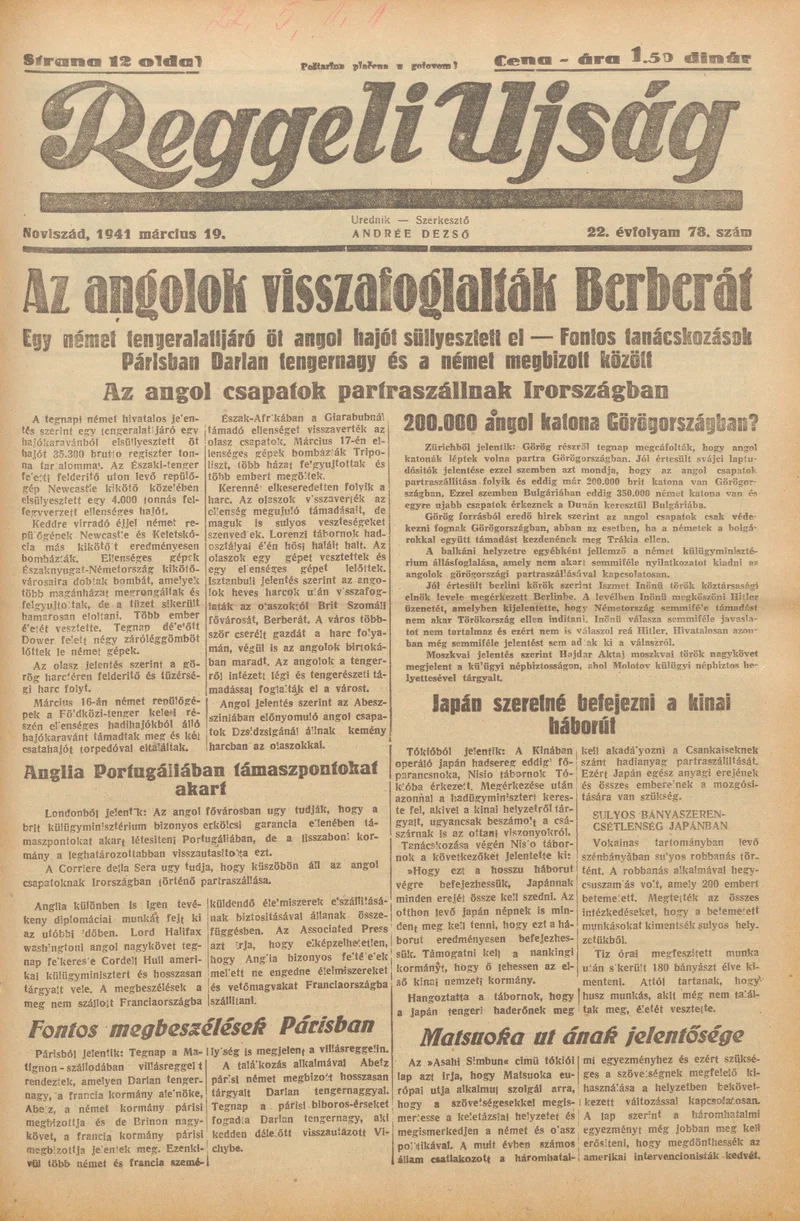Reggeli Újság, 22. évf. 1941. március 19. 78. sz.