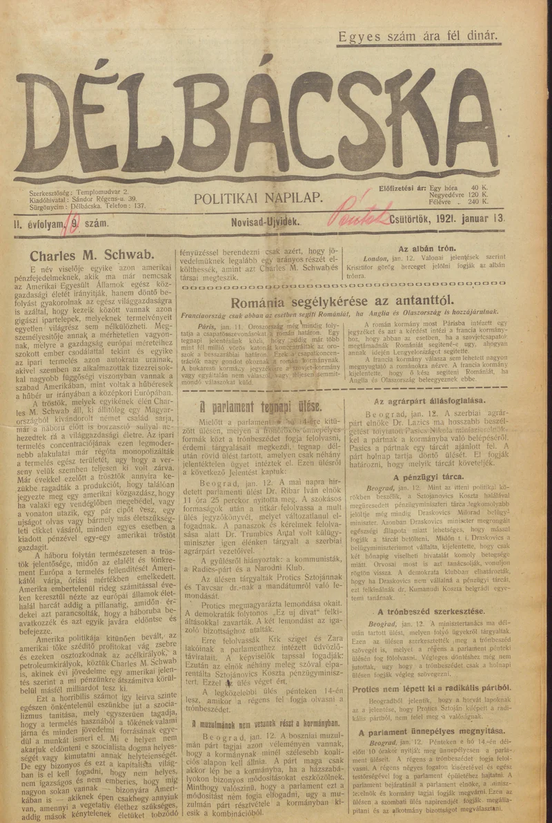 Délbácska, 2. évf. 1921. január 13. 10. sz.