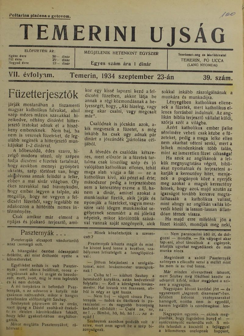 Temerini Újság 1928-1944, 7. évf. 1934. szeptember 23. 39. sz.