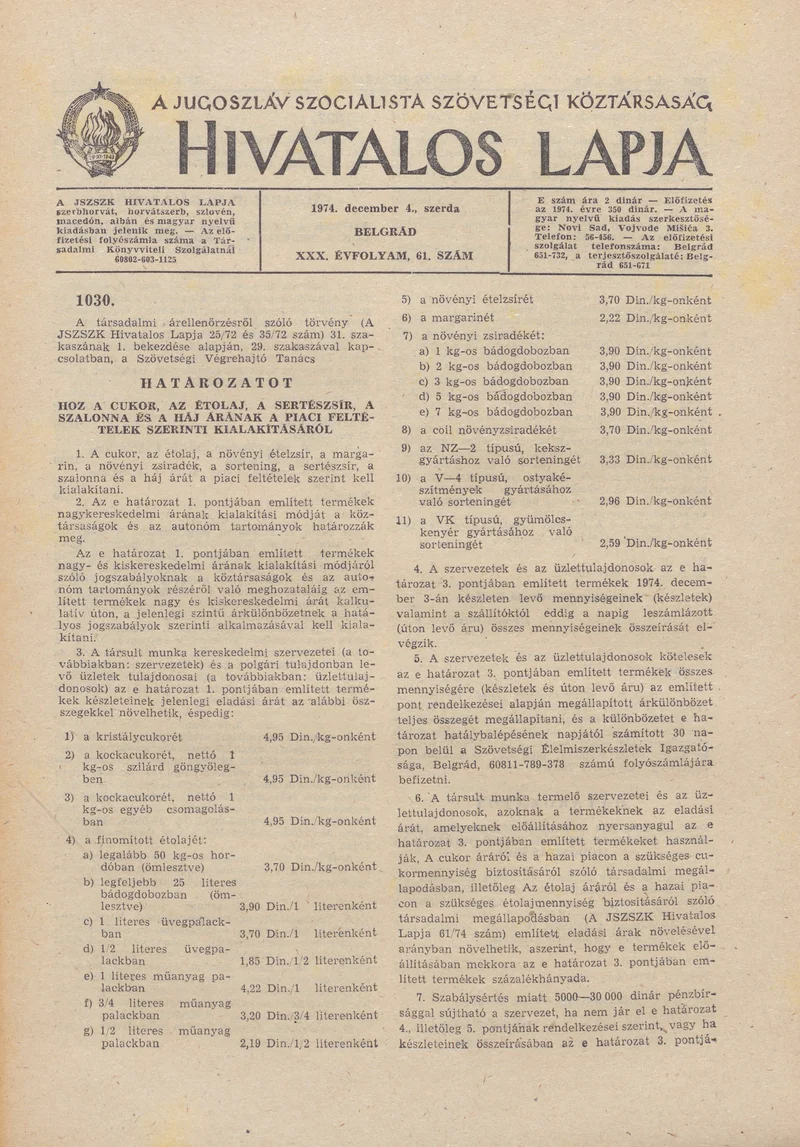 A Jugoszláv Szocialista Szövetségi Köztársaság Hivatalos Lapja, 30. évf. 1974. december 4. 61. sz. 1853–1860. oldal