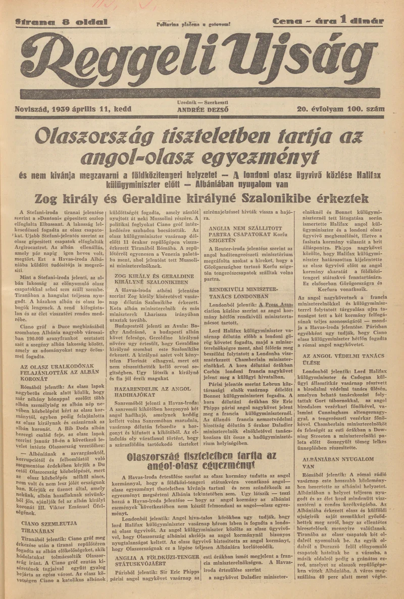 Reggeli Újság, 20. évf. 1939. április 11. 100. sz.