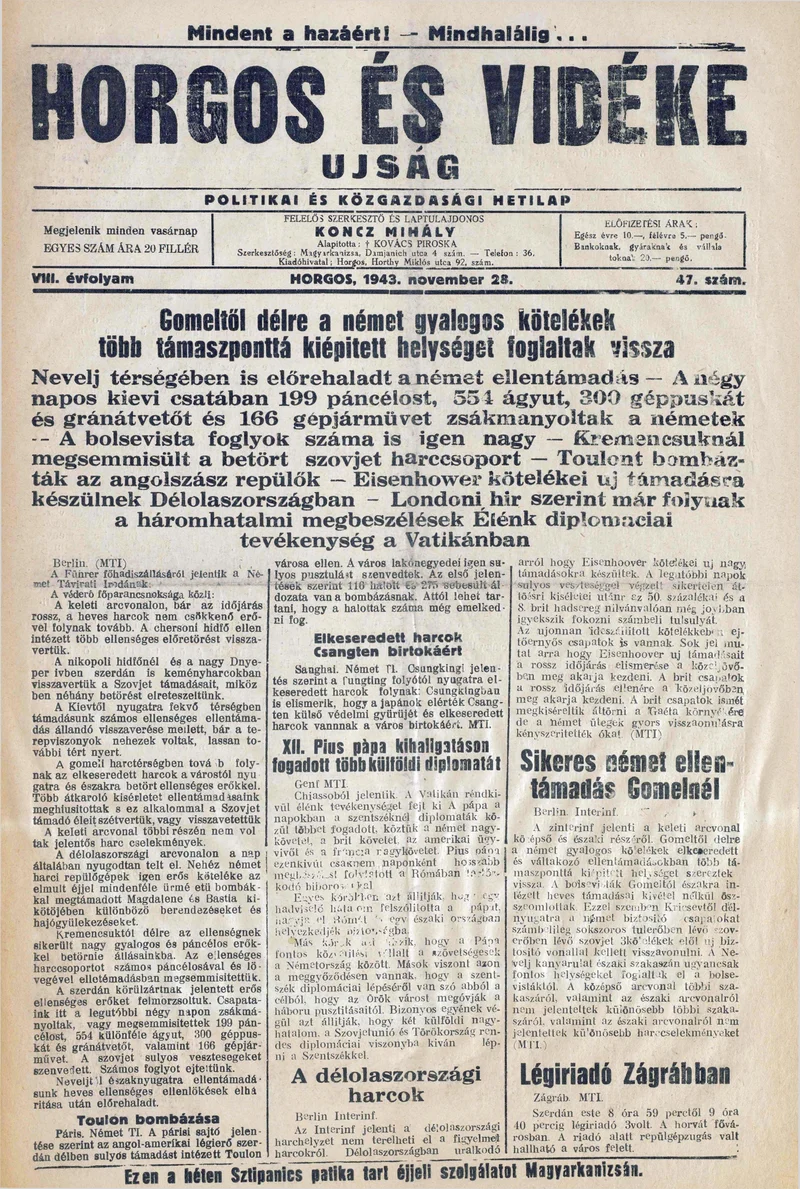 Horgos és vidéke, 8. évf. 1943. november 28. 47. sz.