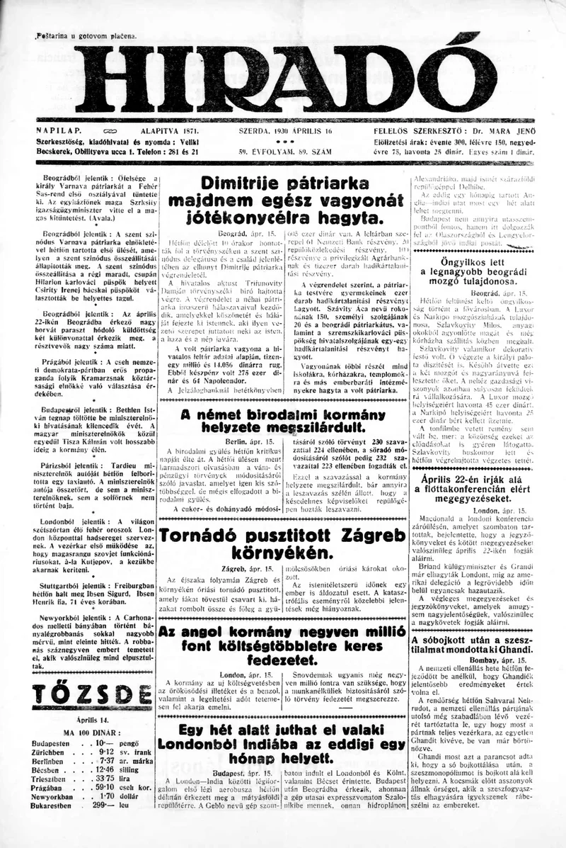 Híradó, 59. évf. 1930. április 16. 89. sz.