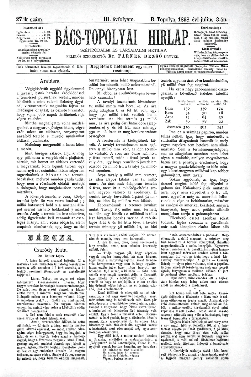 Bács-Topolyai Hirlap, 3. évf. 1898. július 3. 27. sz.