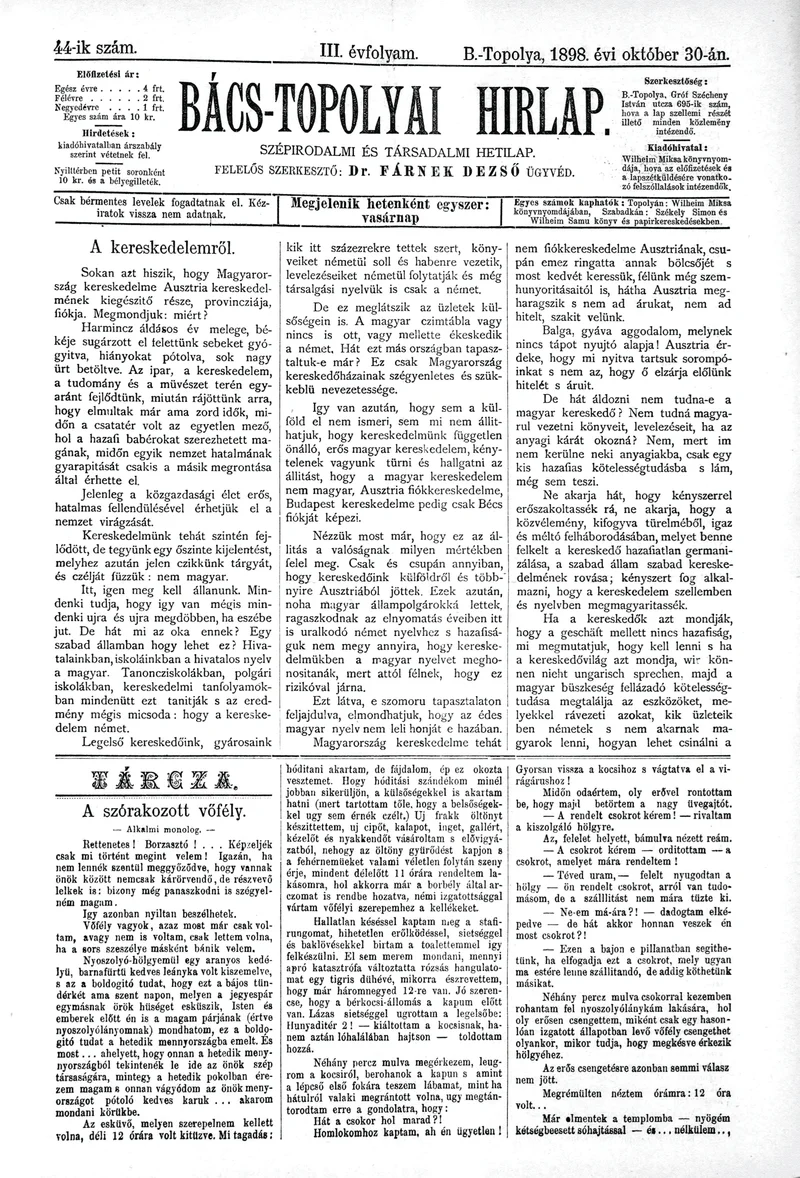 Bács-Topolyai Hirlap, 3. évf. 1898. október 30. 44. sz.