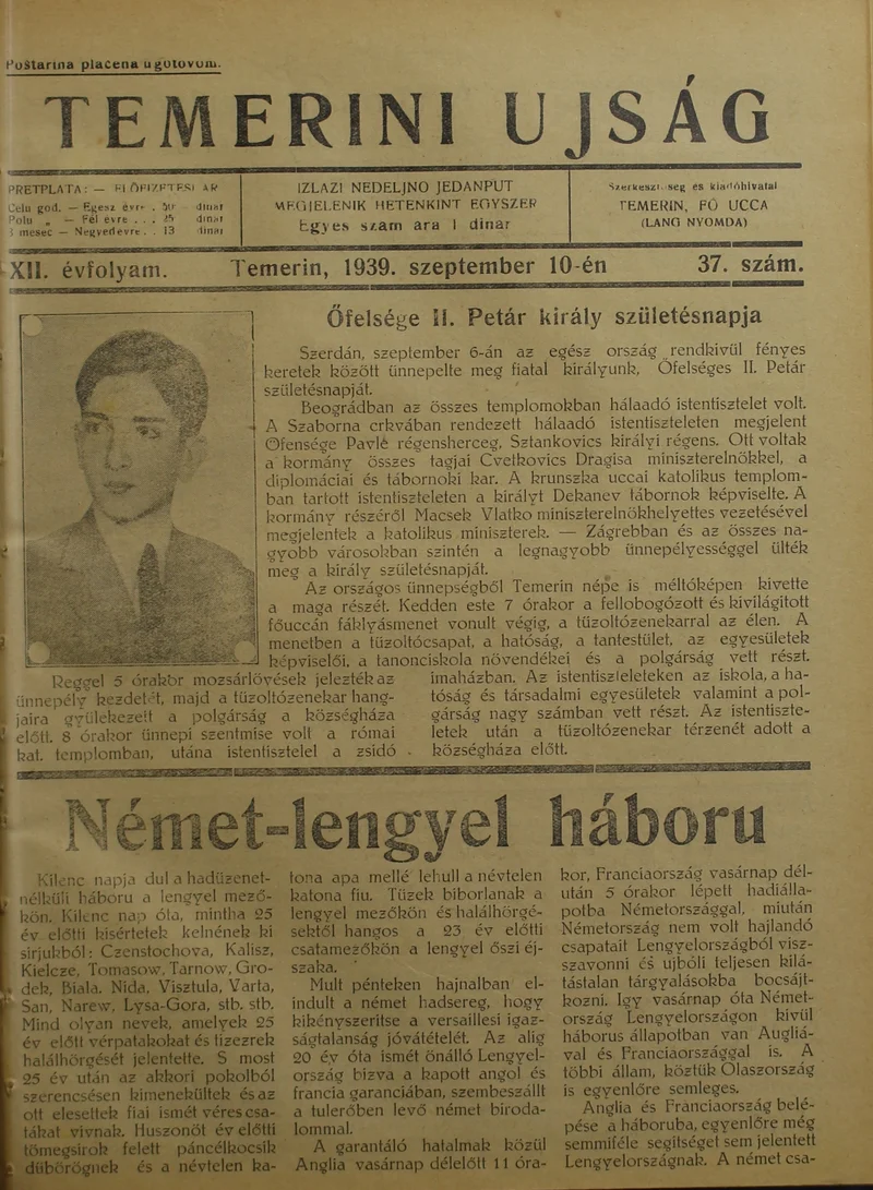 Temerini Újság 1928-1944, 12. évf. 1939. szeptember 10. 37. sz.
