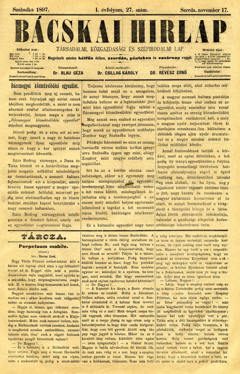 Bácskai Hirlap, 1. évf. 1897. november 17. 27. sz. 1–4. oldal