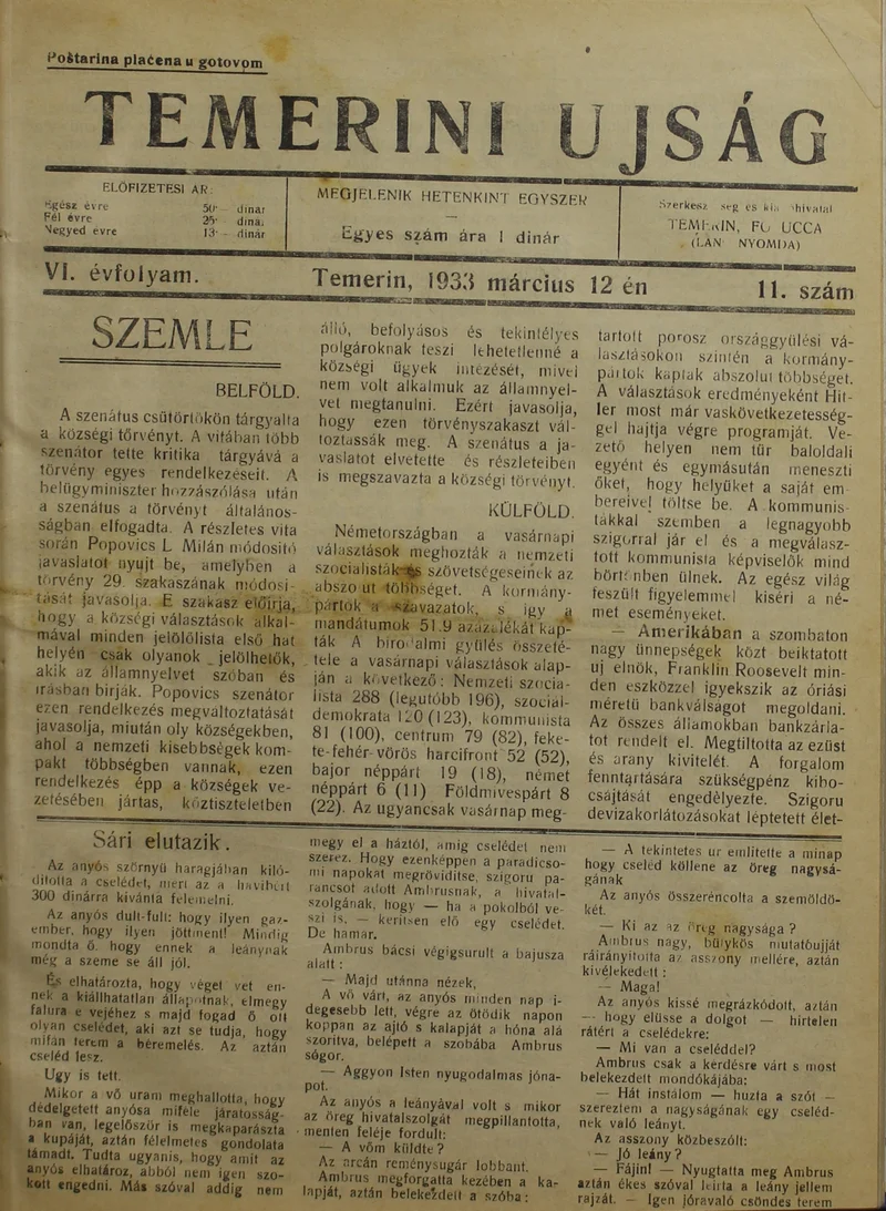 Temerini Újság 1928-1944, 6. évf. 1933. március 12. 11. sz.
