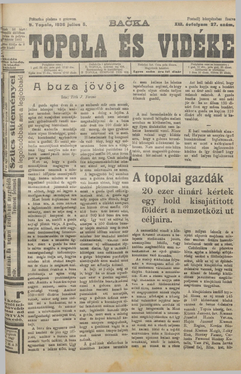 Bačka Topola és Vidéke, 13. évf. 1936. július 5. 27. sz.