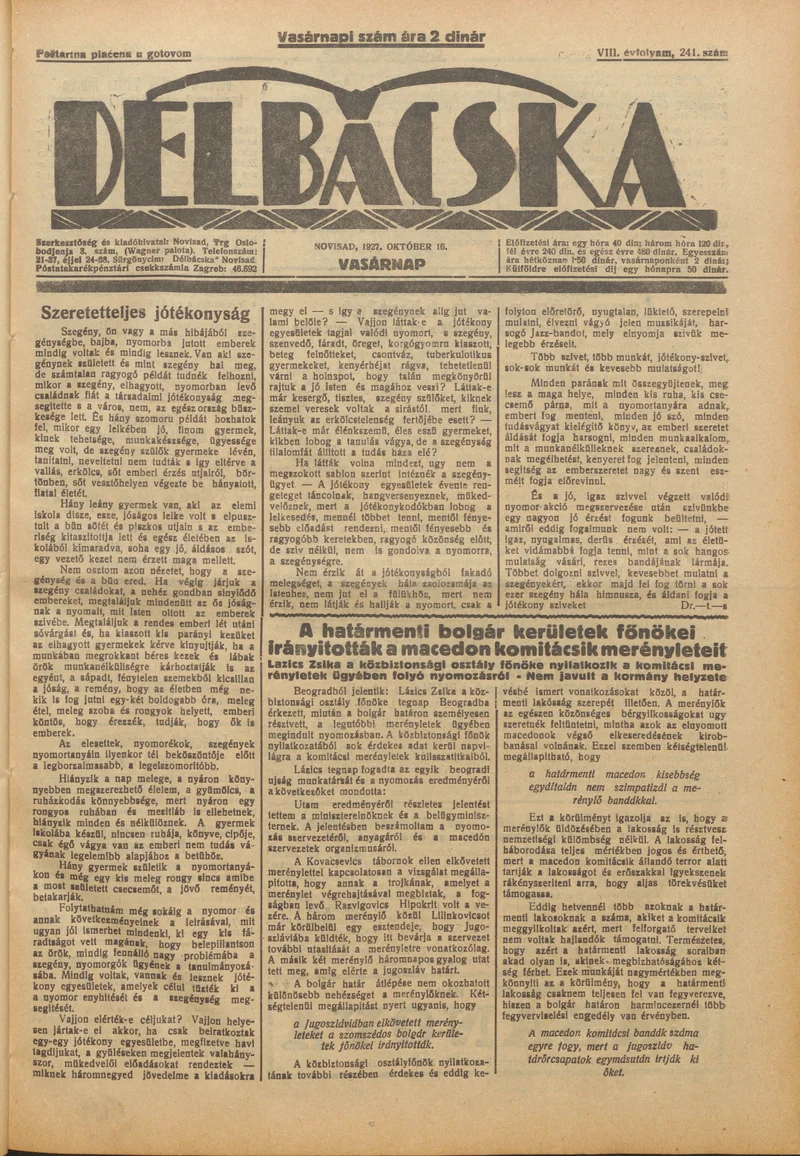Délbácska, 8. évf. 1927. október 16. 241. sz.