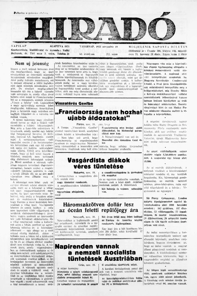 Híradó, 62. évf. 1933. november 19. 272. sz.