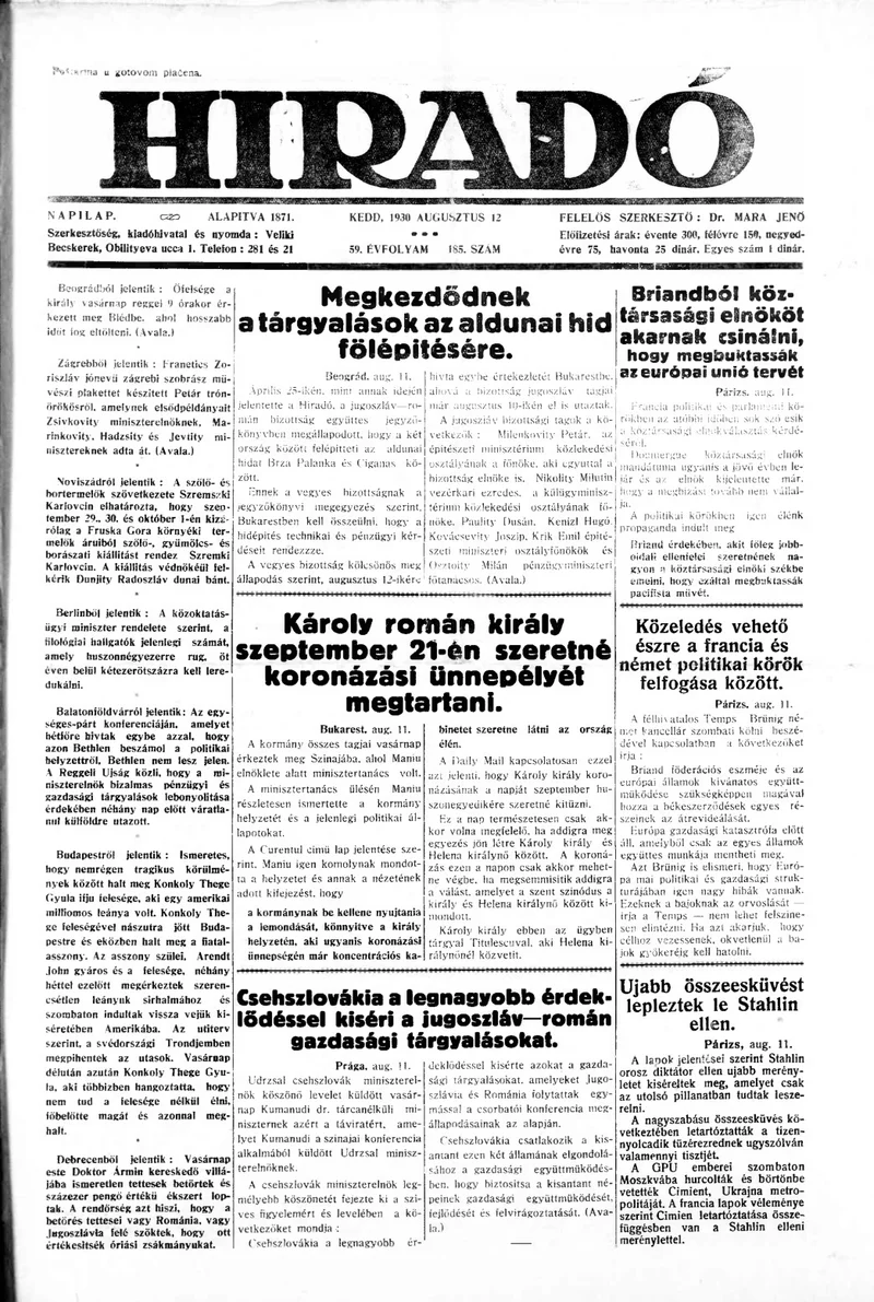 Híradó, 59. évf. 1930. augusztus 12. 185. sz.