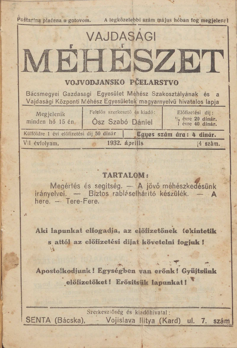 Vajdasági méhészet, 7. évf. 1932. április 1. 4. sz.