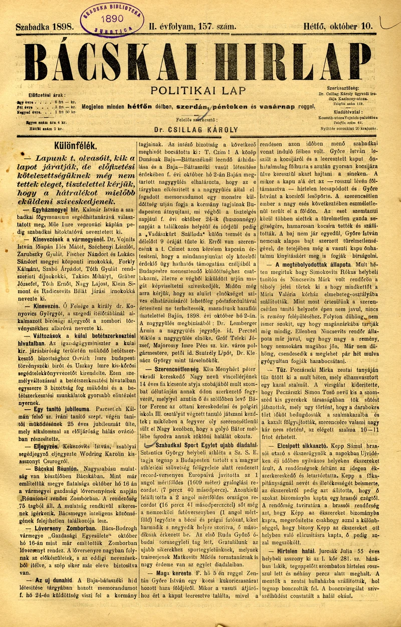 Bácskai Hirlap, 2. évf. 1898. október 10. 157. sz. 1–2. oldal