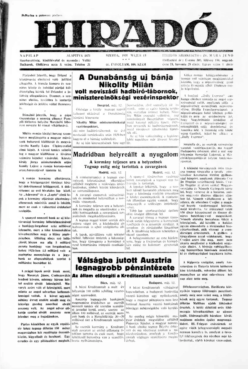 Híradó, 60. évf. 1931. május 13. 109. sz.