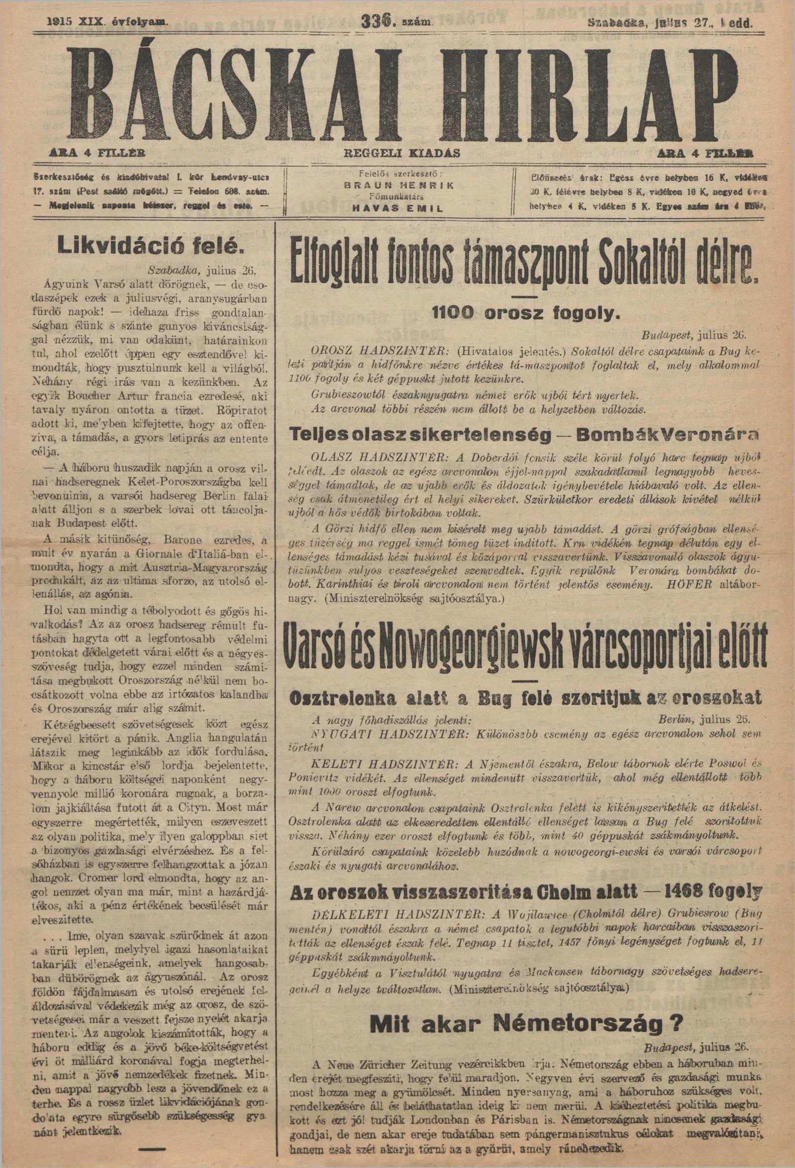 Bácskai Hirlap, 19. évf. 1915. július 27. 336. sz.