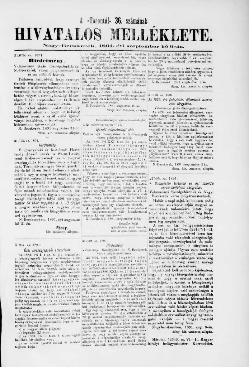 A Totontál  hivatalos melléklete, 4. évf. 1891. szeptember 6. 36. sz.