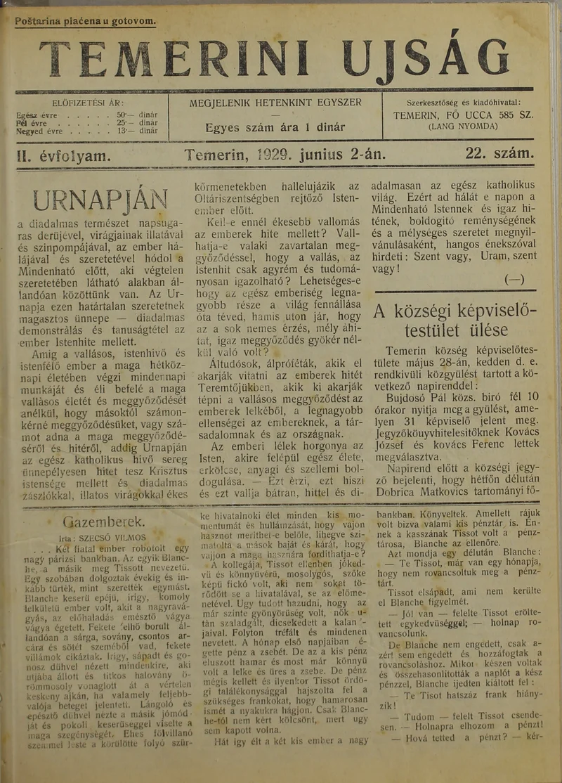 Temerini Újság 1928-1944, 2. évf. 1929. június 2. 22. sz.