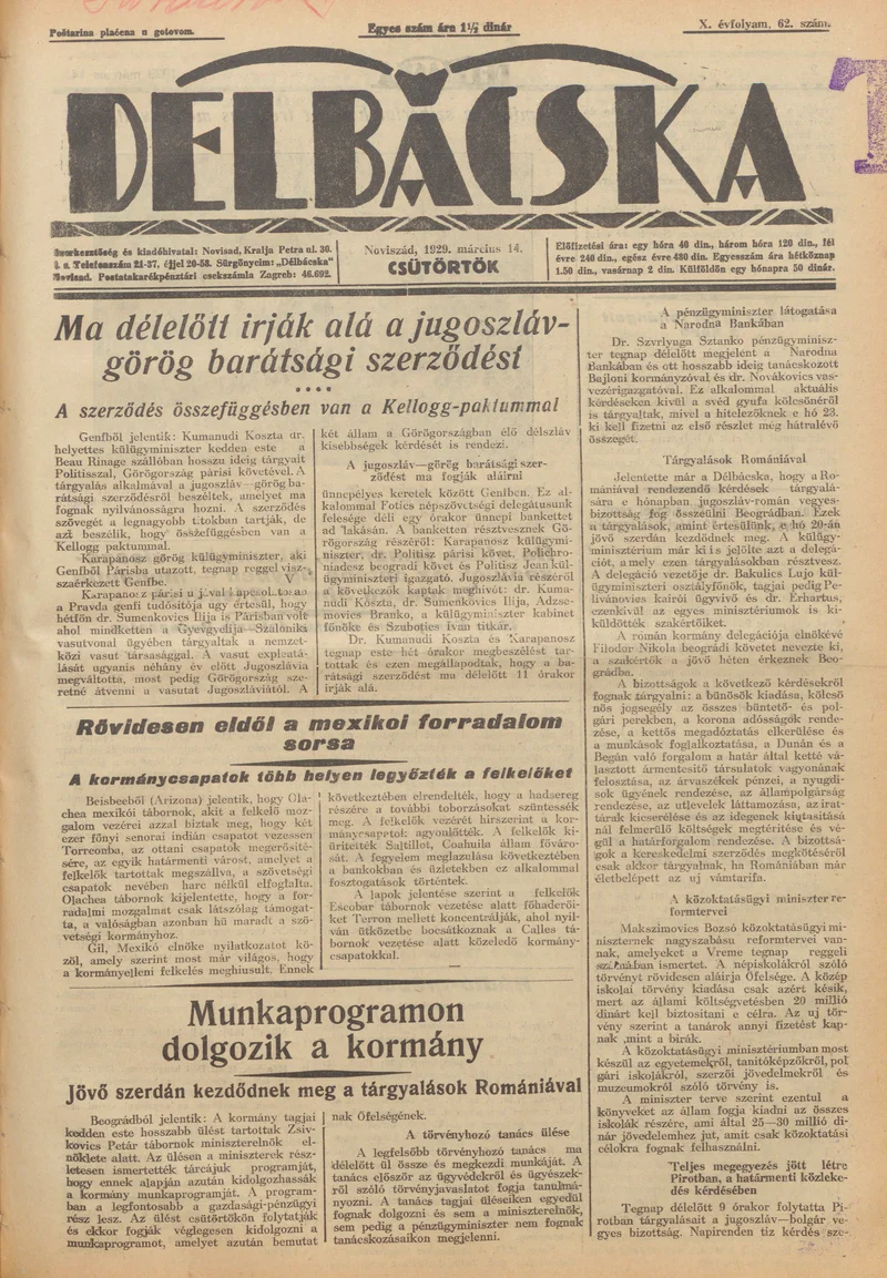 Délbácska, 10. évf. 1929. március 14. 62. sz.