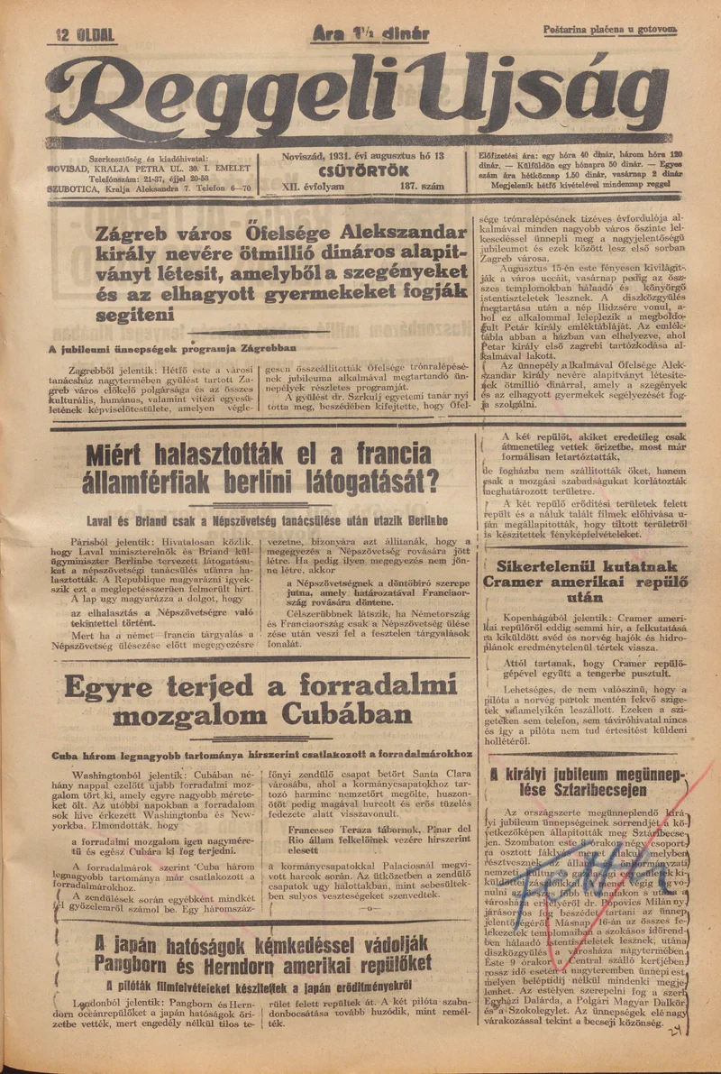 Reggeli Újság, 12. évf. 1931. augusztus 13. 187. sz.