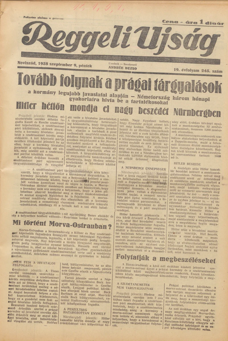 Reggeli Újság, 19. évf. 1938. szeptember 9. 245. sz.