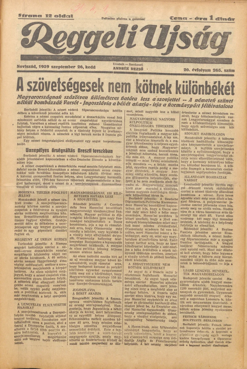Reggeli Újság, 20. évf. 1939. szeptember 26. 265. sz.