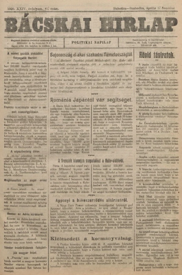 Bácskai Hirlap, 24. évf. 1920. április 17. 41. sz.